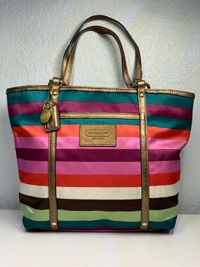 COACH LEGACY Multicolor Striped SATEEN Tote with Gold/ Bronze Trim. 2 Hangtags!!